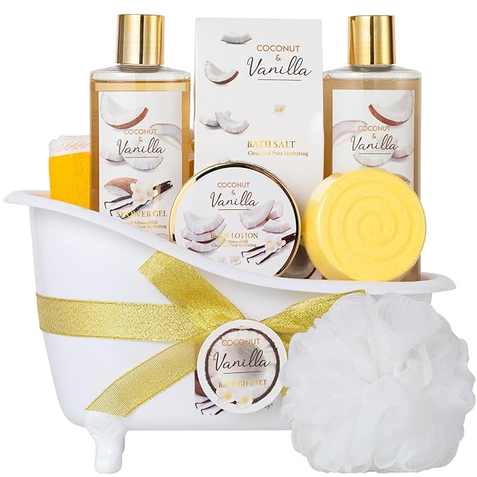 Spa Gift Basket for Women & Men Pamper Kit- 8-Piece Bath Kit Coconut Vanilla Bath & Body Gift Set for Women Self Care Spa Gift Baskets | Perfect Gifts Mom, Birthday Gift, All Occasion Holiday Present