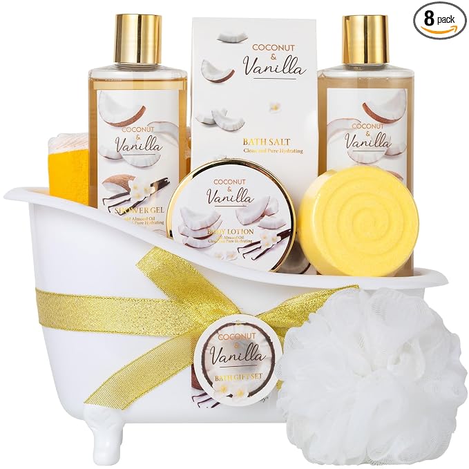 Spa Gift Basket for Women & Men Pamper Kit- 8-Piece Bath Kit Coconut Vanilla Bath & Body Gift Set for Women Self Care Spa Gift Baskets | Perfect Gifts Mom, Birthday Gift, All Occasion Holiday Present