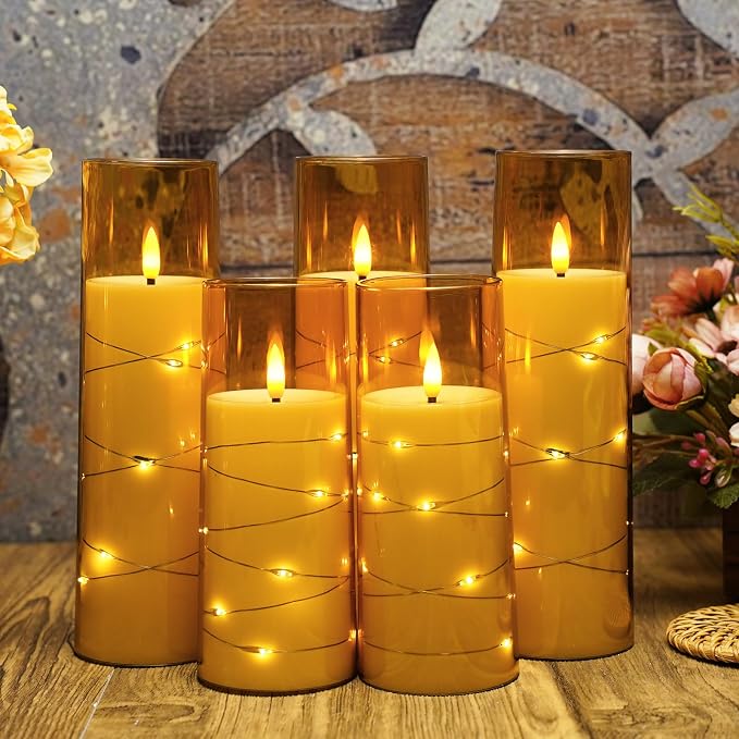 Eebuss Flameless Candles with Embedded Star String, Battery Operated LED Pillar Candles with Timer and Remote Control,Home Decorating for Ambiance， Set of 7 (Gold)