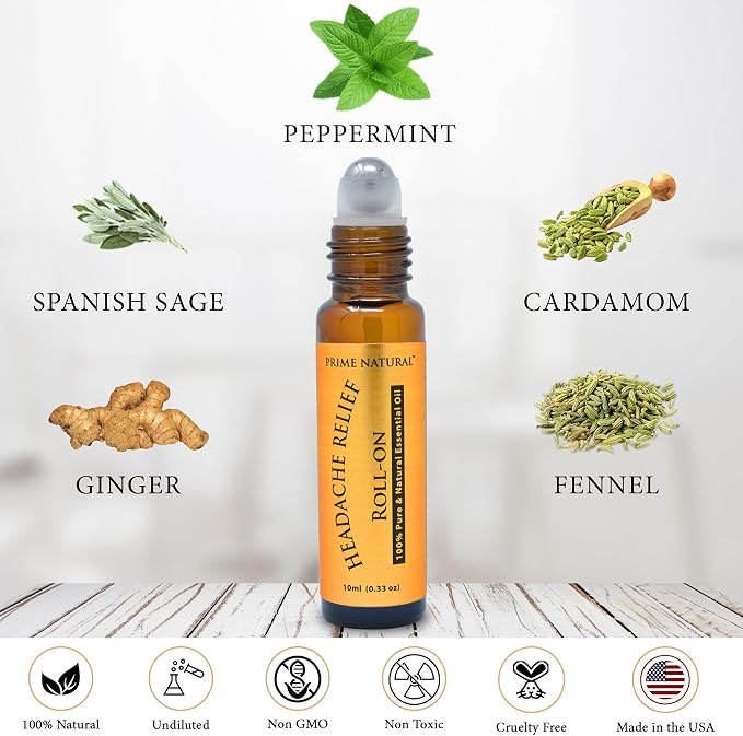 PRIME NATURAL Headache Relief Essential Oil Roll On 10ml, Pre-Diluted, Ready to Use Roller for Migraine, Tension, Calming, Soothing, Grounding, Sore Muscles, Sprain & Sleep (Pack of 2)