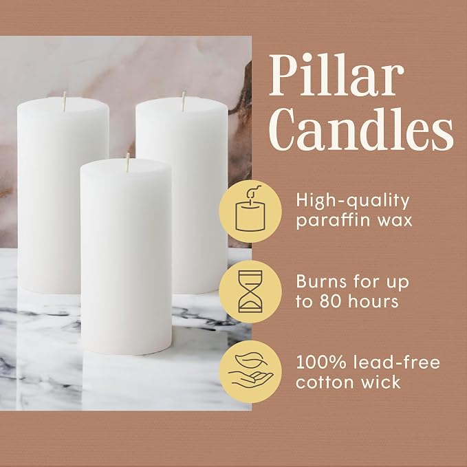 Mister Candle Dripless Unscented Pillar Candles, Set of 3 Hand Poured White Pillar Candles, Solid Color Non-Scented Candles for Home Decor, Premium Wax, 80 Hr Burn Time, 3x6 Inch