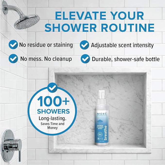 MOXE Breathe Shower Mist, Eucalyptus and Peppermint, Spa Steam Spray, Certified Natural 100% Essential Oils, Made in USA, Aromatherapy, Sinus Congestion Relief, Tension Relief, 4 Ounces (1 Pack)