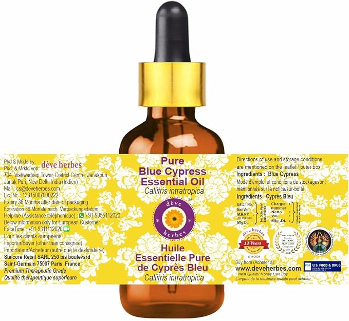 dève herbes Blue Cypress Essential Oil (Callitris intratropica) with Glass Dropper | Pure | Non-Sticky | Non-Greasy | Lightweight | Men & Women | All Skin Types | Steam Distilled 15ml (0.5 oz)