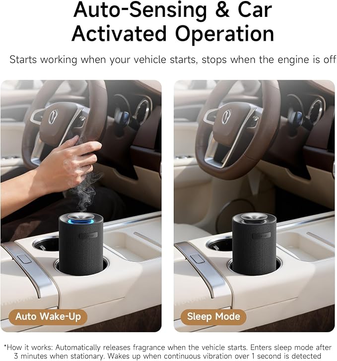 Car Scent Diffuser with Smart Auto Start-Stop Sensor, Waterless Car Essential Oil Diffuser for Home, Cordless Rechargeable Portable Air Freshener, Adjustable Scent Modes, Fits 5/10/15ml