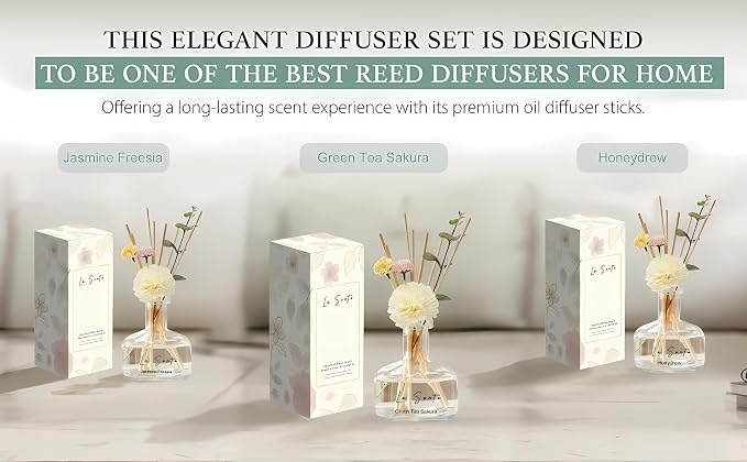 Reed Diffuser Set, Cotton Linen Scent, 8.5oz Glass Bottle with Decorative Flower & Natural Sticks - Flameless Home Fragrance for Bathroom, Bedroom, Office, Gifts