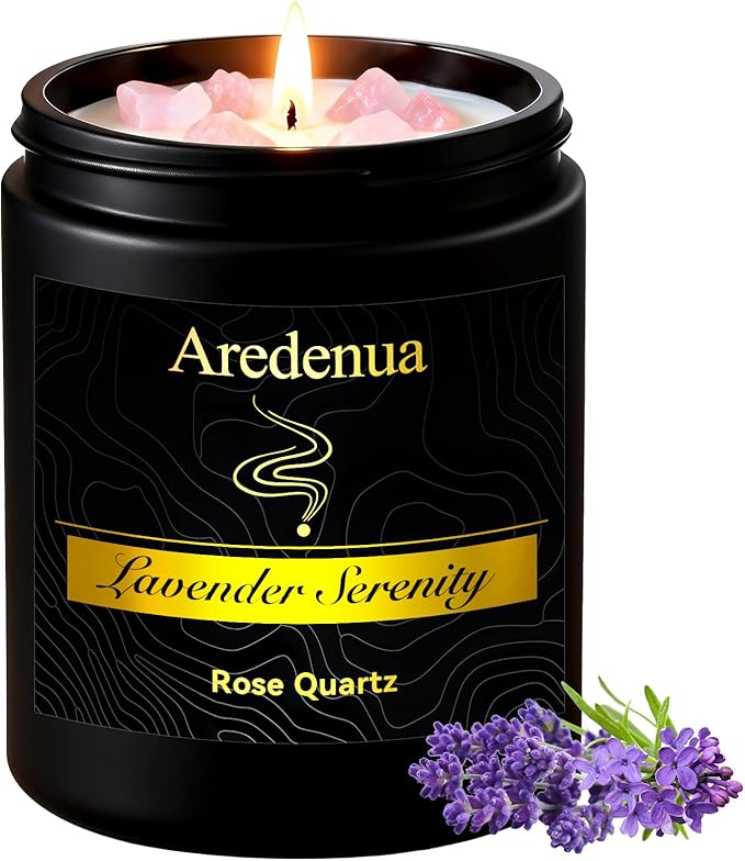 Lavender Candle for Sleep and Stress Relief, Rose Quartz Crystal Healing Candle with Natural Soy Wax, Scented Candle for Relaxation, 7oz Long Lasting 50 Hours, Calming Gifts for Women Men