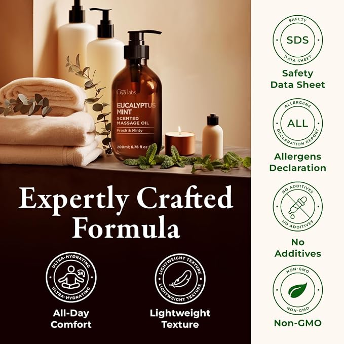 Gya Labs Eucalyptus Mint Massage Oil - 6.76 Fl Oz - Eucalyptus Mint Massage Oil for Sore Muscles and Relaxing Massages, Invigorating Scent - Non-Greasy Formula, Non-GMO and Cruelty-Free