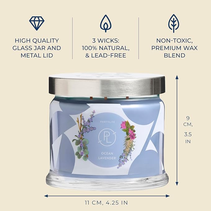 PartyLite Ocean Lavender Scented, Notes of Vanilla Sea Salt, Driftwood, Sea Moss, Patchouli & Eucalyptus, 13.2oz 3-Wick Jar Candle, 45 Hour Burn Time, Luxurious Fragrance, Ideal for Gifting