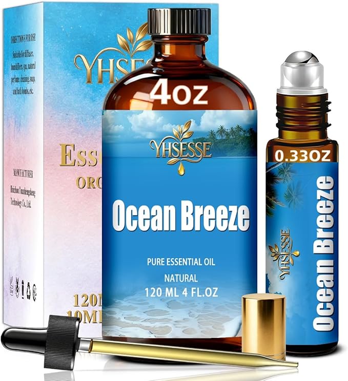 Ocean Breeze Essential Oil, Ocean Breeze Oil 4 Fl Oz 120ml for Diffuser Yoga Soap & Candle Making – with 0.33 Oz Roller Ball & Dropper YHSESSE Essential Oils