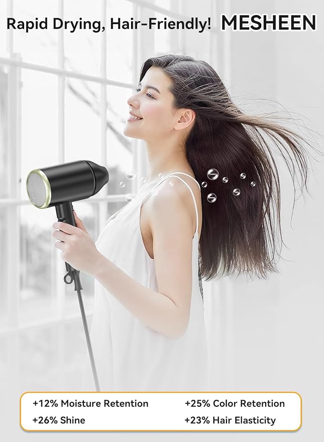 Hair Dryer, 150000RPM Ionic Blow Dryer - Fast Drying, Low Noise, Foldable Portable with Diffuser and Nozzle, Compact Mini for Women and Men, Home and Travel (Black)