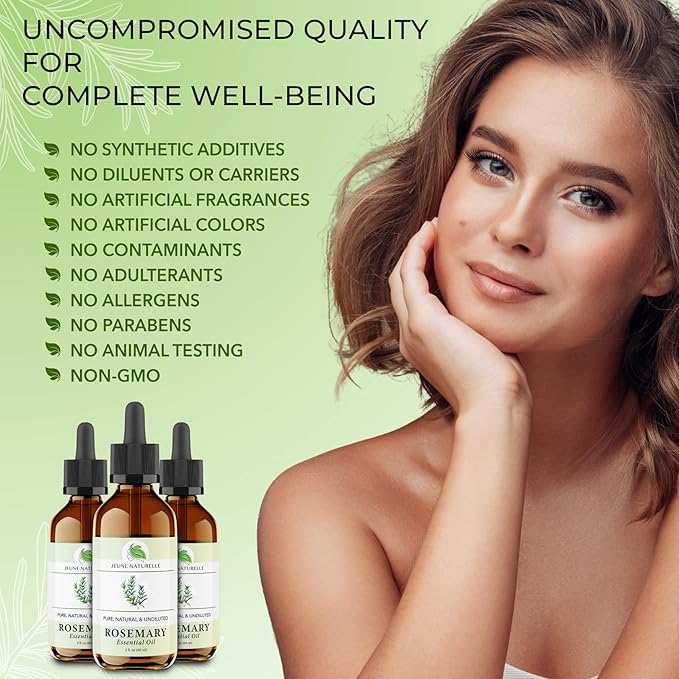 Jeune Naturelle Rosemary Oil for Hair Care, 100% Pure, Natural, Undiluted, Unrefined, Therapeutic Grade - Hair Growth Rosemary Oil, 2 oz