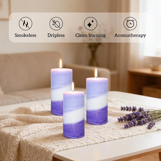 Crystal Club Lavender Scented Pillar Candles, Set of 3 3x6 Inch Purple Pillar Candles, 70+ Hours Long Burning Time, 100% Cotton Wick, Smokeless & Dripless for Home Decor, Relaxation, and Aromatherapy