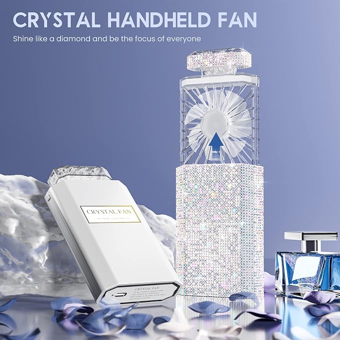 Lady Rechargeable Personal Fan with 3 Speeds, Quiet Portable Mini Cooling Desk Electric Fan - White Rhinestones
