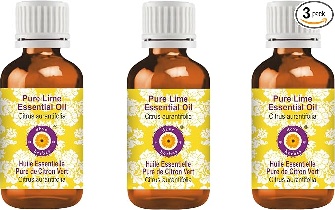 Deve Herbes Pure Lime Essential Oil (Citrus aurantifolia) Steam Distilled (Pack of Three) 100ml X 3 (10 oz)