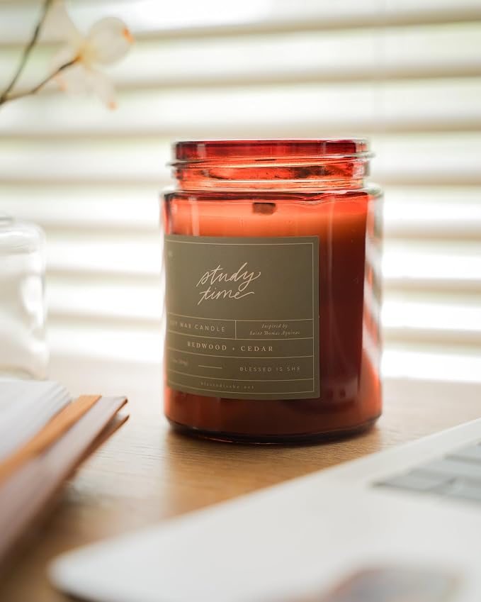 Blessed is She Premium California Redwood Scented Candle with Cedar Scent Study Candles, 7.2oz Glass Candle Jar, 100% Soy Wax Candles with Wood Wick, Aromatherapy Candle for Studying Redwood Gifts