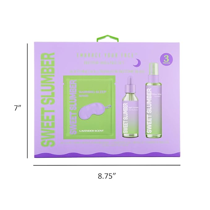 EXPRESSIONS 3pc Bedtime Wellness Set – Sweet Slumber Lavender Scented Sleep Kit – Includes Warming Sleep Mask, Night Serum, and Soothing Pillow Mis