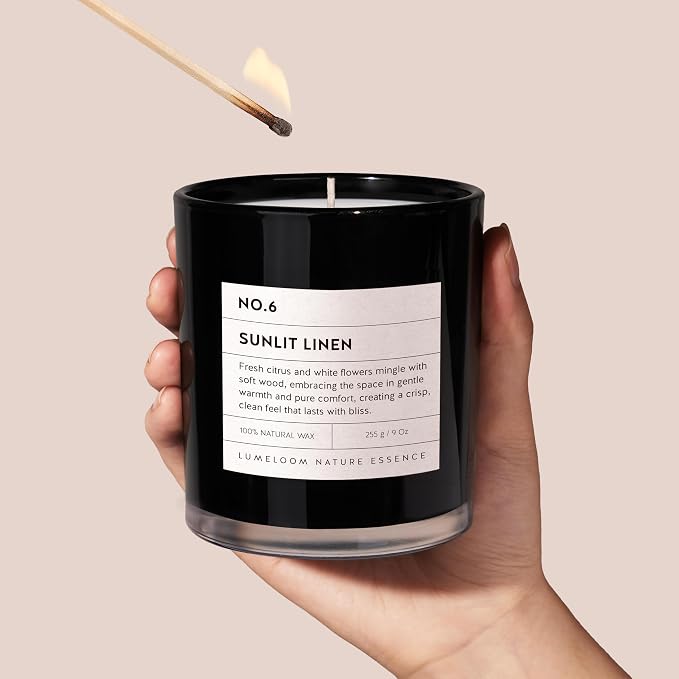 Sunlit Linen Luxury Scented Candles, 9oz Soy Wax Candles for Home Scented, Linen, Jasmine, White Lemon, Wood Scent, Long Burning Time, Gifts for Women, Friends, Men, Sister, Housewarming