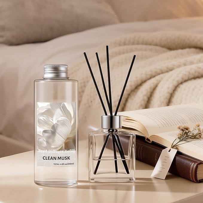 STRN Reed Diffuser Oil Refill, Clean Musk Scented Diffuser Oil Refills with 6 Reed Sticks 200ML(6.8fl.oz), Room Fresheners for Home, Long-Lasting Summer Fragrance for Living Room, Bedroom, Office