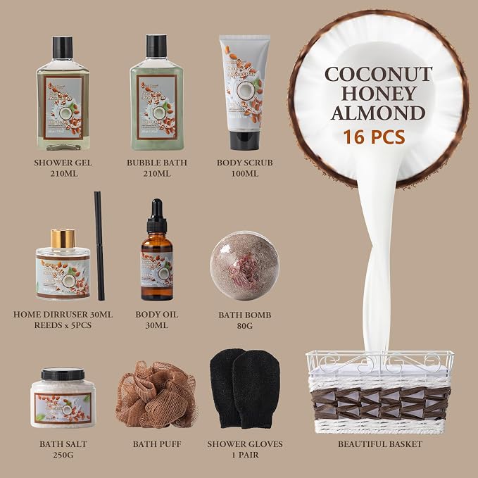 Coconut Almond Spa Gift Basket for Women & Men, Skin Care Set, Bath & Body | Self Care Pamper Kit, Home Spa Kit, Diffuser, Bath Bomb, Birthday, Christmas, Valentines, Mother Day, Father Day, Anniversary