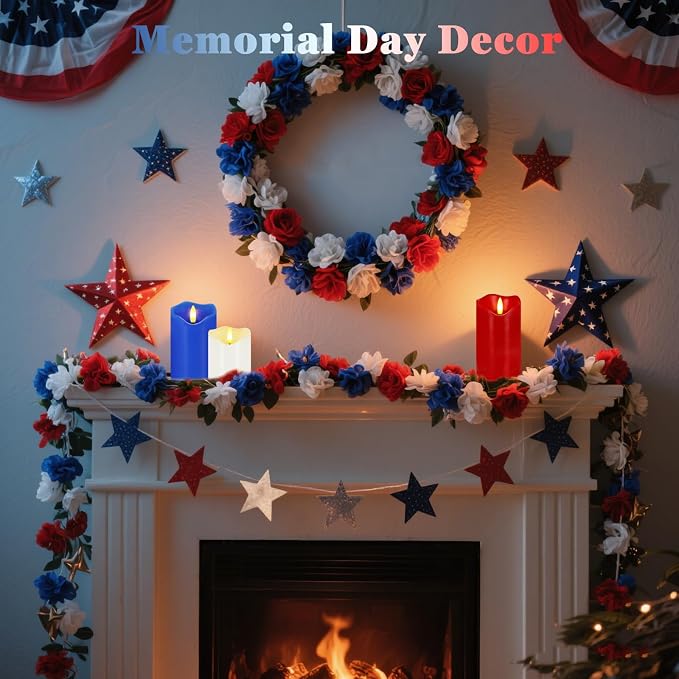 VEEKI 4th of July Flameless Candles, Set of 3 Patriotic LED Candles with Remote & Timer, Flickering Electric Pillar Candles Battery Operated, Red White Blue Candles for Home Independence Day Decor