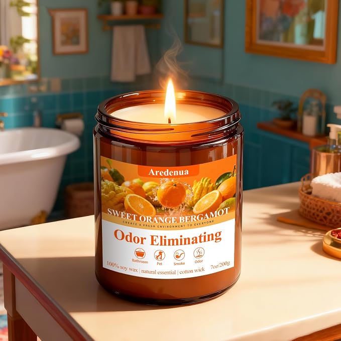 Sweet Orange Bergamot Odor Eliminating Candle | Eliminates 95% of Pet, Smoke, Food & Other Smells – Fresh Air Scented Candle Gentle for Family - Up to 50 Hour Burn time - 7 Oz Natural Soy Wax