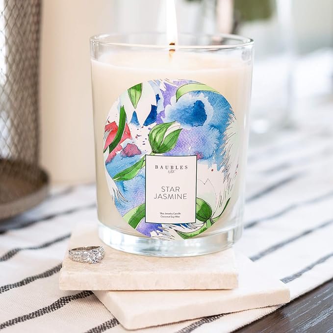 Kate Bissett Baubles Star Jasmine Scented Premium Candle and Jewelry with Surprise Ring Inside | 18 oz Large Candle | Made in USA | Parrafin Free | Size 05