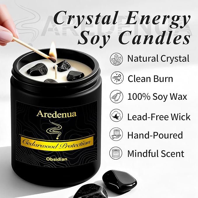 Scented Candle with Crystal for Emotional Protection and Grounding - Cedarwood Aromatherapy Candle with Obsidian Healing Crystals, Natural Soy Wax 7oz, Strength Gift for Women Men