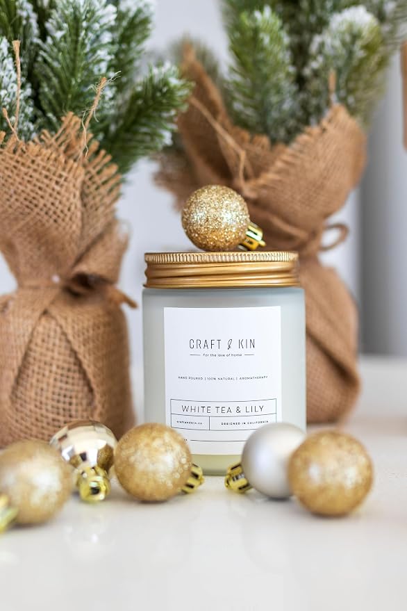 Craft & Kin Premium White Tea & Lily Scented Candle – Long Lasting, 45 Hour Burn Time – Luxury Natural Soy Scented Candle with Wood Wick – Room Decor and Aromatherapy – 8 oz