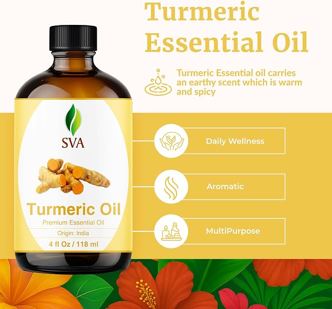 SVA Turmeric Essential Oil 4 Fl Oz – for Diffuser, Skin & Hair Care – Ideal for Massage & DIY Blends - with Dropper