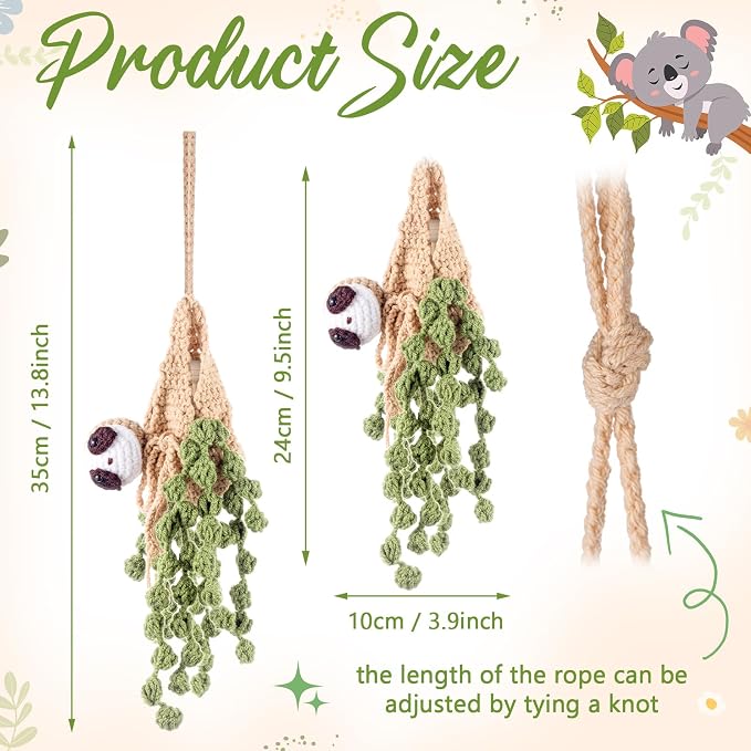 DaisyInner Cute Crochet Plant Car Freshener 12ml Empty Refillable Diffuser Bottle with Plants Hanging Accessories for Ornaments Charms Rearview Mirror Home Office Decor Women Gifts(Sloth)