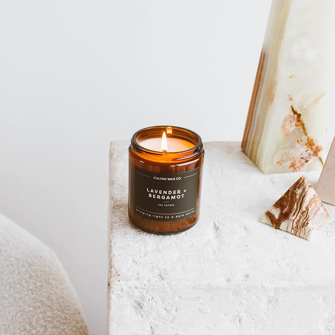 Calyan Wax Co. Lavender & Bergamot Scented Candle - 57 Hour Burn - Luxury Clean Soy Wax Candles - Long Lasting Amber Glass Jar Candle for Home - 7.2oz