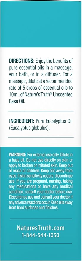 Nature's Truth Eucalyptus Essential Oil | 15 mL | for Diffuser, Aromatherapy, and Massage | Pure Plant Based, Non-GMO & Gluten Free