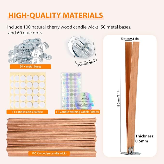 Smokeless Cherry Wood Candle Wicks Set, 100 PCS | Long Lasting Flame, Easily Burn, Candle Cores with Stand and Glue Dot, Warning Label for DIY Candle Making