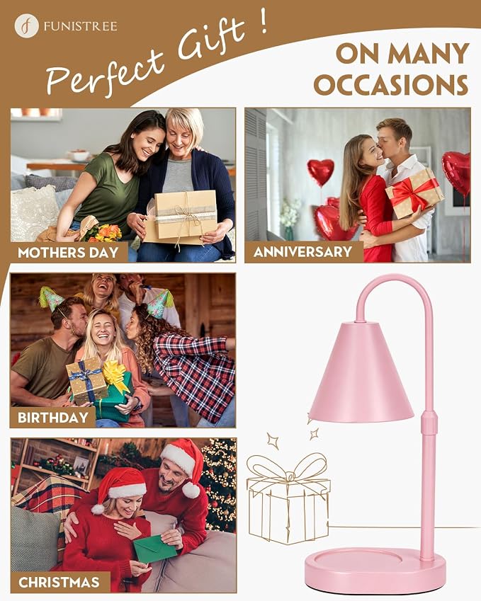 Funistree Modern Pink Candle Warmer Lamp with Timer, Dimmable Candle Lamp Warmer, Mothers Day Birthday Gifts for Women, Adjustable Candle Light, Anniversary Day Gifts Candle Warmer,Bedroom Home Decor