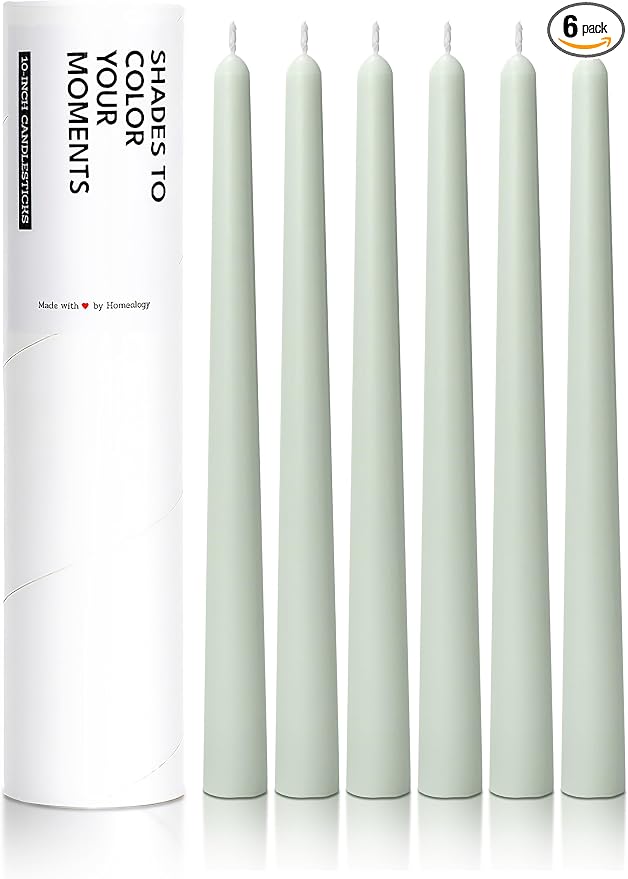6PK 10" Classic Taper Candles, Light Sage Green, 7-8 Hours Long Burning, Unscented Tall Candlesticks