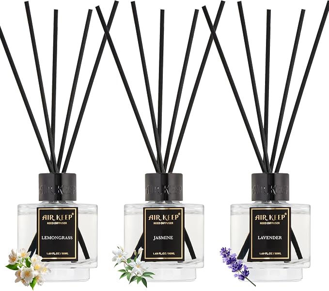 Airkeep Reed Diffuser Set of 3 for Bathroom Air Fresheners, Oil Diffuser Sticks | Lemongrass,Jasmine,Lavender Scent(1.7 fl oz*3) Fragrance with 18 Sticks Defusers | Shelf Decor