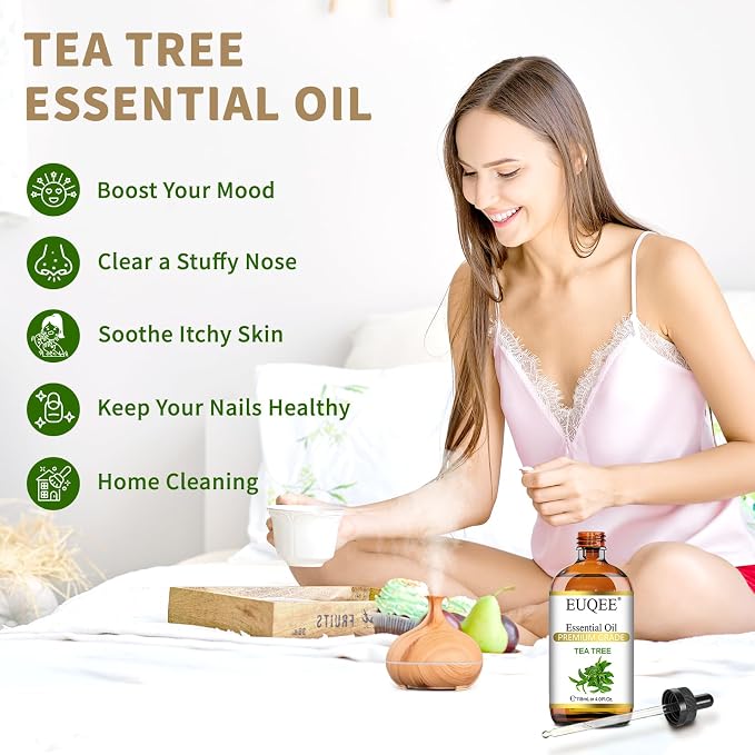 EUQEE Tea Tree Essential Oil 4Fl.Oz Pure Tea Tree Oil with Glass Dropper for Aromatherapy, Diffuser, Soap Making, DIY Soap - 118ml