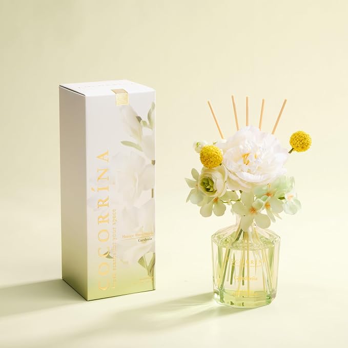 COCORRÍNA Reed Diffuser - Gardenia 8.5 Fl.oz Flower Reed Diffuser Set with 8 Sticks, Home Fragrance Reed Diffuser for Home Bedroom Office Bathroom Shelf Decor (Master Collection)