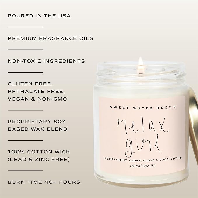 Sweet Water Decor Relax Girl, Peppermint, Cedar, Clove, and Eucalyptus Scented Soy Wax Candle for Home | 9oz Clear Jar, 40 Hour Burn Time, Non Toxic, Made in the USA