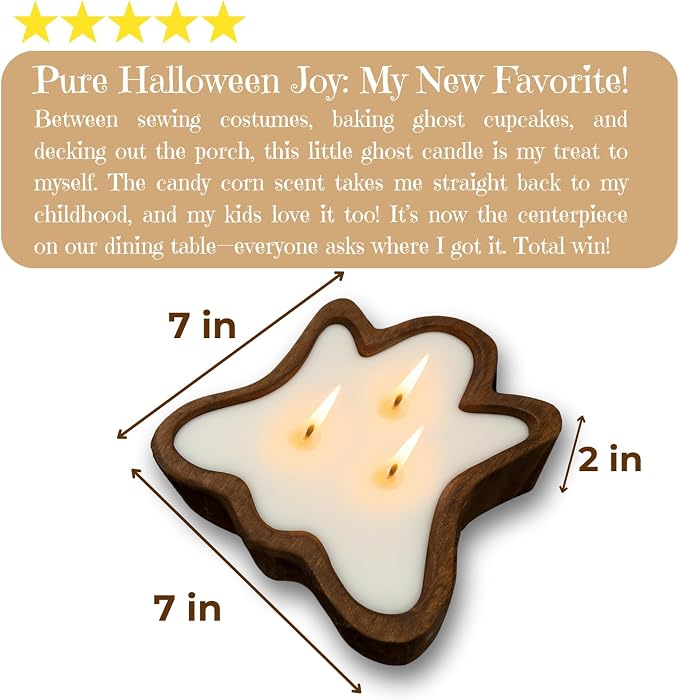 Dough Bowl Candle Co. Ghost Candles - 7x7x2in Halloween Candles, Wooden Fall Candle Decorations with Candy Corn Scent, Cute Fall Room Decor, 100% Soy Wax, Autumn Aesthetic with 35h Burn Time