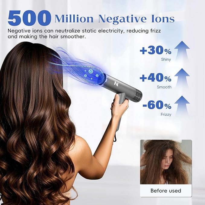 Natrial Ionic Professional Hair Dryer with Diffuser for Curly Hair,1600W&110000RPM High Speed Blow Dryer for Women,Fast Drying,Lock Function,Low Noise,Lightweight for Home Travel Salon,Light Grey
