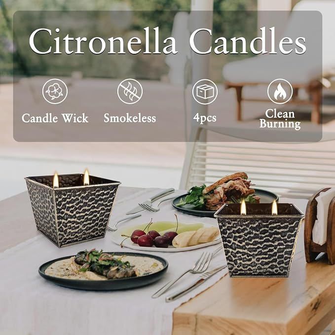 Citronella Candles 4 Pack - 2 Wicks Outdoor & Indoor Ambience Candles Vintage Hammered Metal Jar, Smokeless Clean Burning, Summer Gift for Patio, Garden, Camping & Picnic