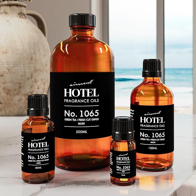 AirScent Hotel Diffuser Oil No. 1065 - Green Tea & Fresh Cut Grass - Premium Fragrance Oil for Ultrasonic and Waterless Diffusers and Crafting - 500 mL, 16.9 fl oz Glass Bottle
