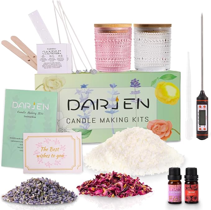 DARJEN Candle Making Kits for Beginners, DIY Starter Scented Candles Making Kit - 2 Glass Jars(Clear, Pink), Soy Wax, Scented, Card & More, Full Soy Candle Making Supplies Set Perfect Gifts