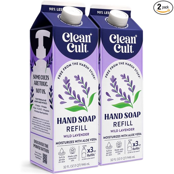 Cleancult Liquid Hand Soap Refills - Moisturizes Dry & Sensitive Skin - Made with Aloe Vera & Lavender Essential Oils - Wild Lavender - Eco Friendly - Paper-Based Packaging - 32 oz/2 Pack