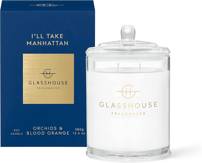 Glasshouse Fragrances I'll Take Manhattan Candle, Triple Scented Natural Soy Wax Blend, 2 Wicks & Glass Jar, 65 Hour Burn Time, Orchids & Blood Orange, 13.4 Oz (380g)