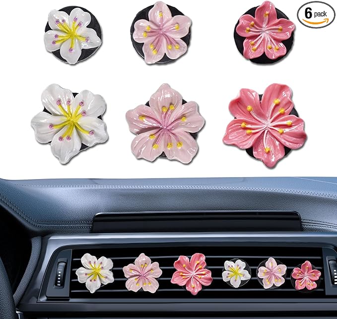 NIIIYTYB 6Pcs Cute Car Air Freshener Vent Clips Flower Air Vent Clips for Fresheners Pink Hawaiian Hibiscus and Cherry Blossom Car Accessories Aesthetic Interior Decor for Women Peach Blossom