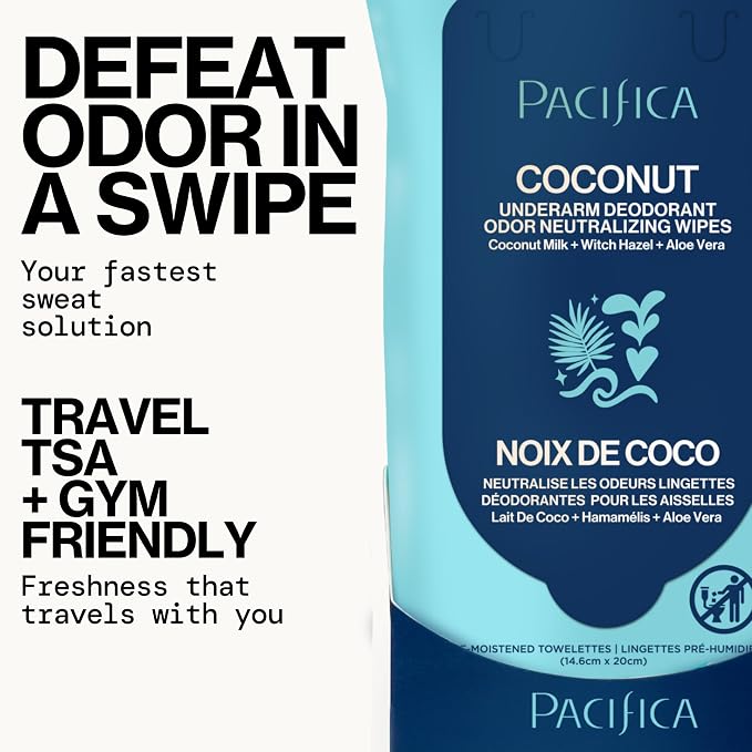 Pacifica Beauty Coconut Milk & Essential Oils Underarm Deodorant Wipes, Helps Remove Odor, Aluminum-Free, Vegan & Cruelty-Free, 30 Wipes (1-Pack)