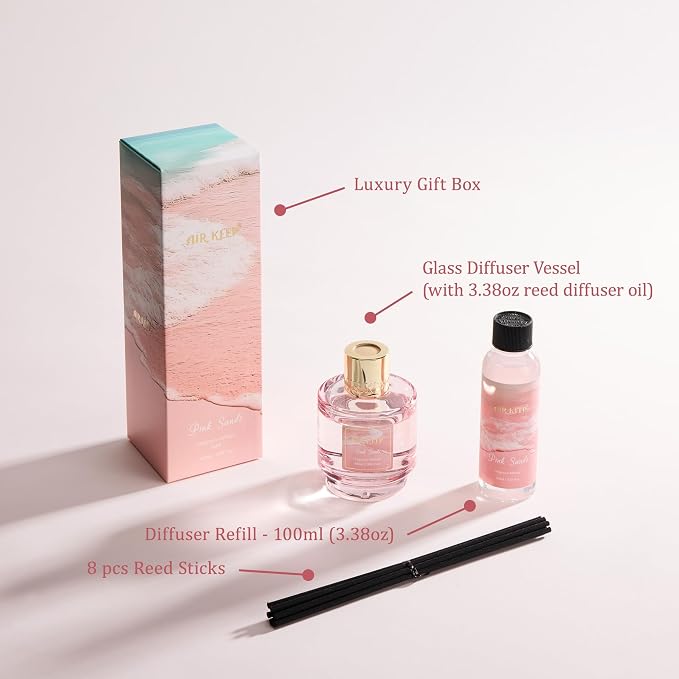 Airkeep Reed Diffuser Set with Refill & 8 Reed Sticks, 6.96 fl oz Pink Sands Home Fragrance, Long Lasting Aromatherapy Diffuser for Bedroom, Bathroom & Living Room