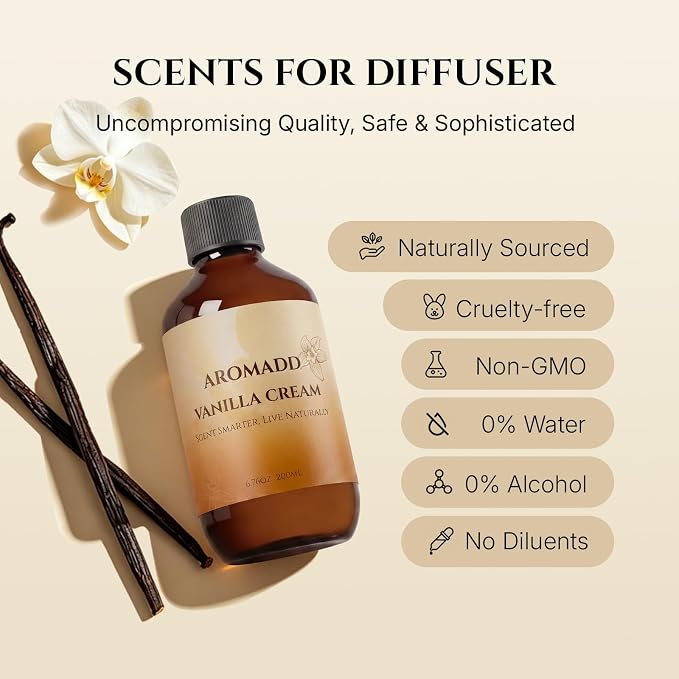 AROMADD Vanilla Cream Diffuser Oil, Warm Vanilla & Caramel Scent, Soft Sweet & Cozy Aroma, Long Lasting Fragrance Oil for Waterless Diffusers & Home Fragrance, 6.76 Fl Oz (200ml)